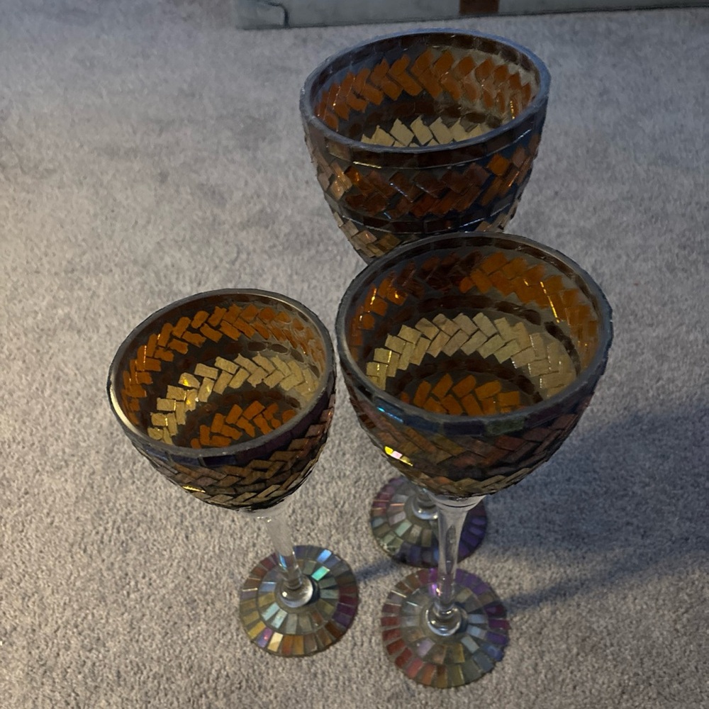 Set of 3 Mosaic  tile candle holder w/candle